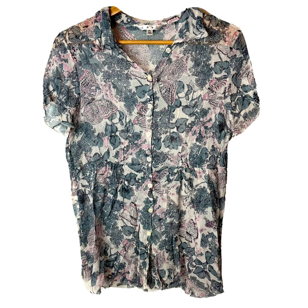 CAbi Silk Floral Butterfly Sheer Button Blouse 936 Size XL Short Sleeve